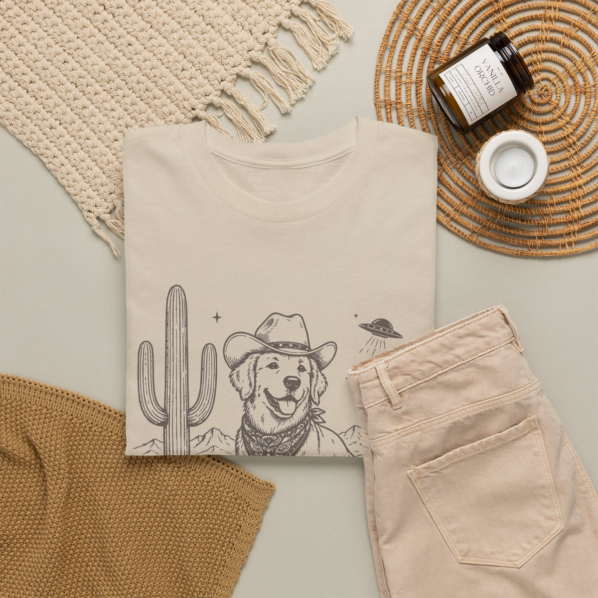 Western Cowboy Dog T-Shirt — Desert Cactus Pup Graphic Tee