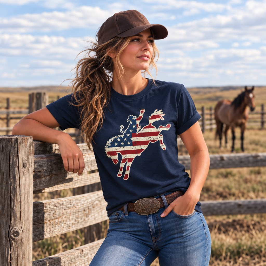 Patriotic Rodeo Bull T‑Shirt — American Flag Western Tee