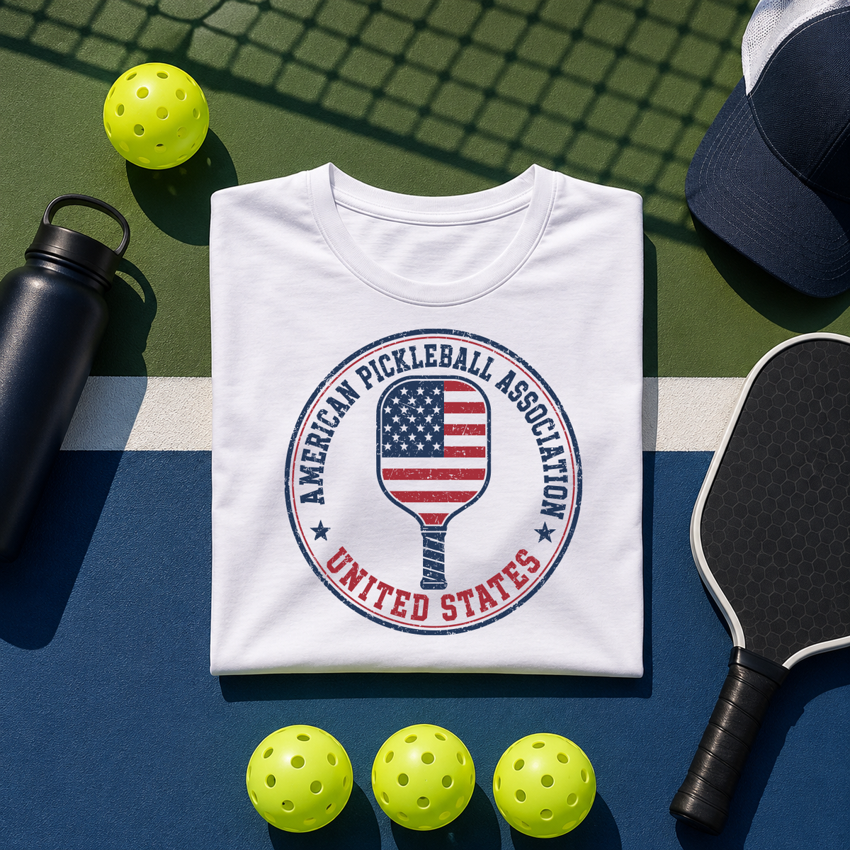 Pickleball Association USA Tee — American Flag Paddle Moisture-Wicking Shirt
